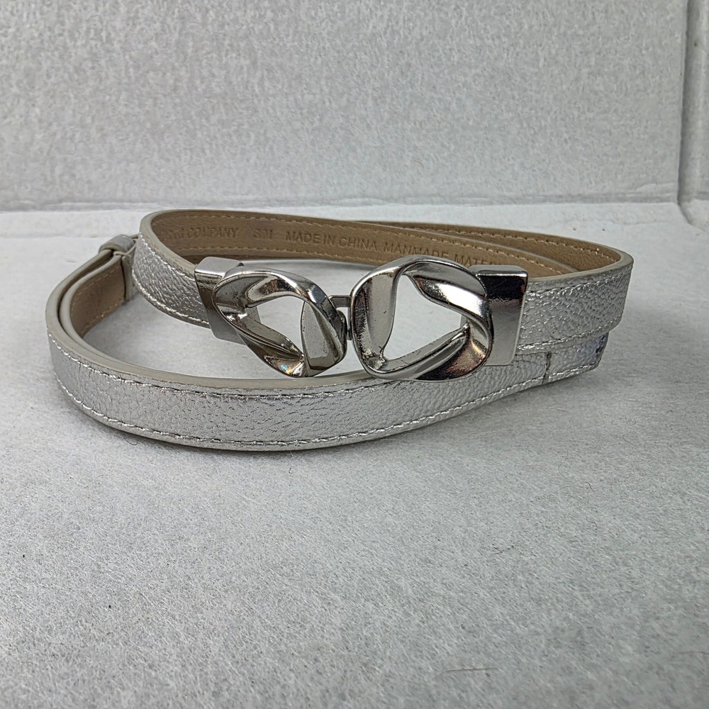 New York & Company Silver Metallic Skinny Belt S/M Interlocking Buckle